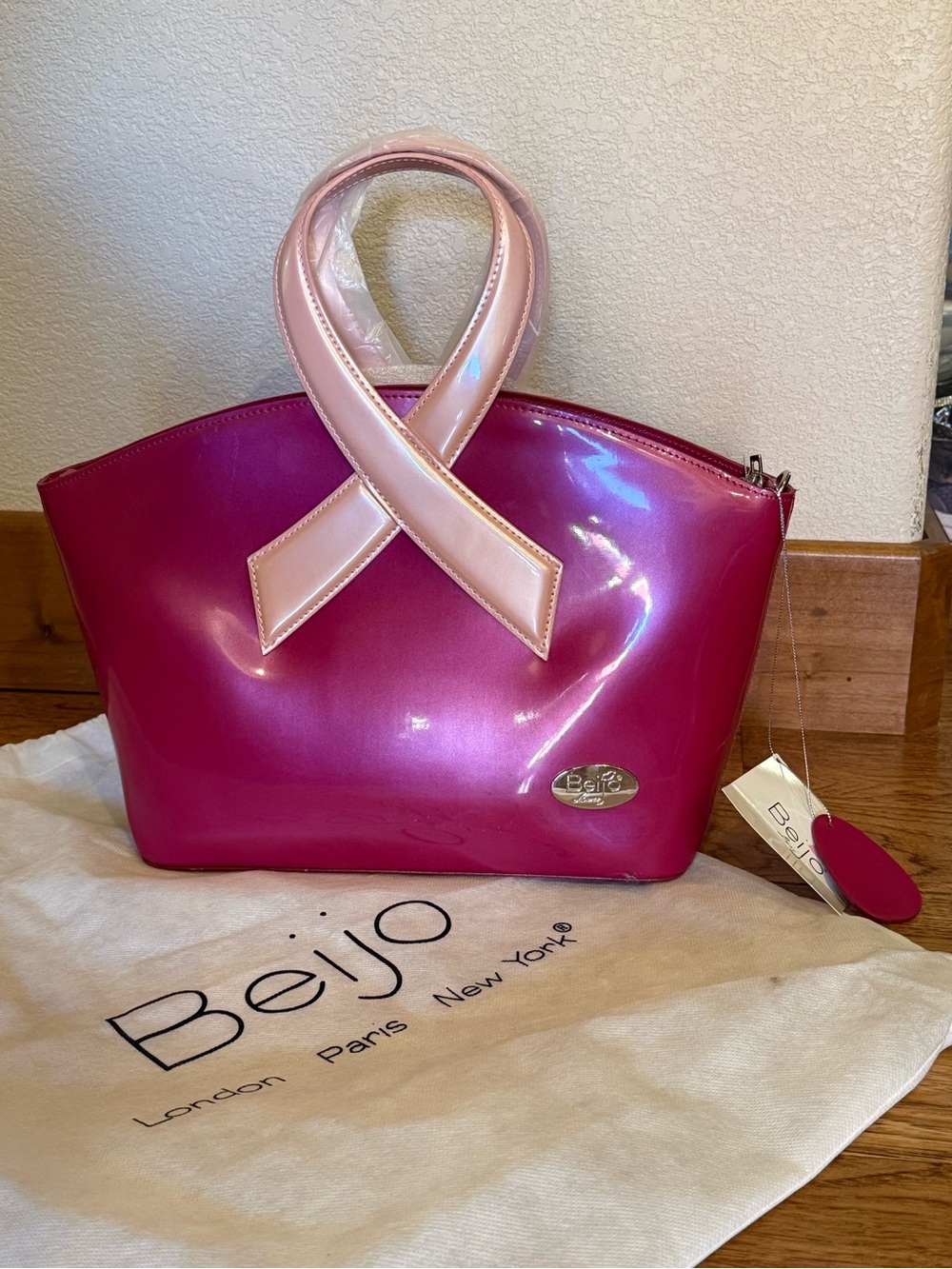 Beijo Hot Pink Patent Tote with Light Pink Ribbon Handles